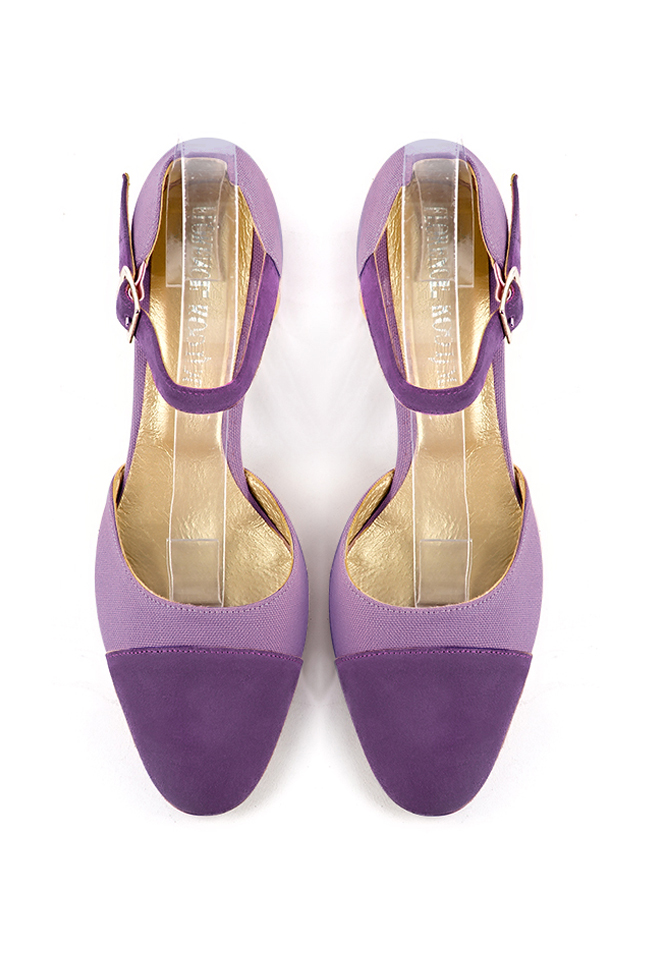 Women's amethyst purple elegant closed-back heels, with an instep strap. Round toe. Medium block heels - Top view